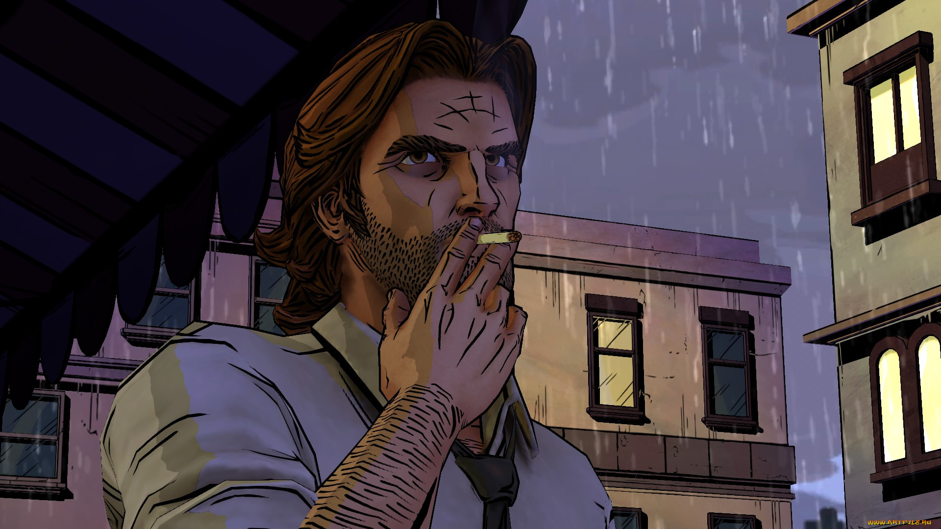 Обои Видео Игры The Wolf Among Us, обои для рабочего стола, фотографии  видео игры, the wolf among us, дождь, улица, дома, сигарета, мужчина Обои  для рабочего стола, скачать обои картинки заставки на